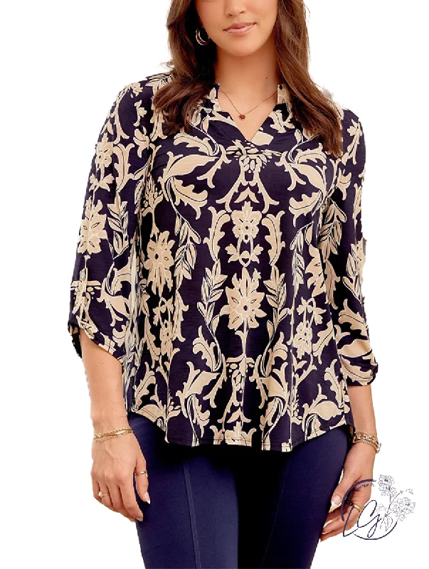 Navy Taupe Lizzy 3/4 Sleeve Top