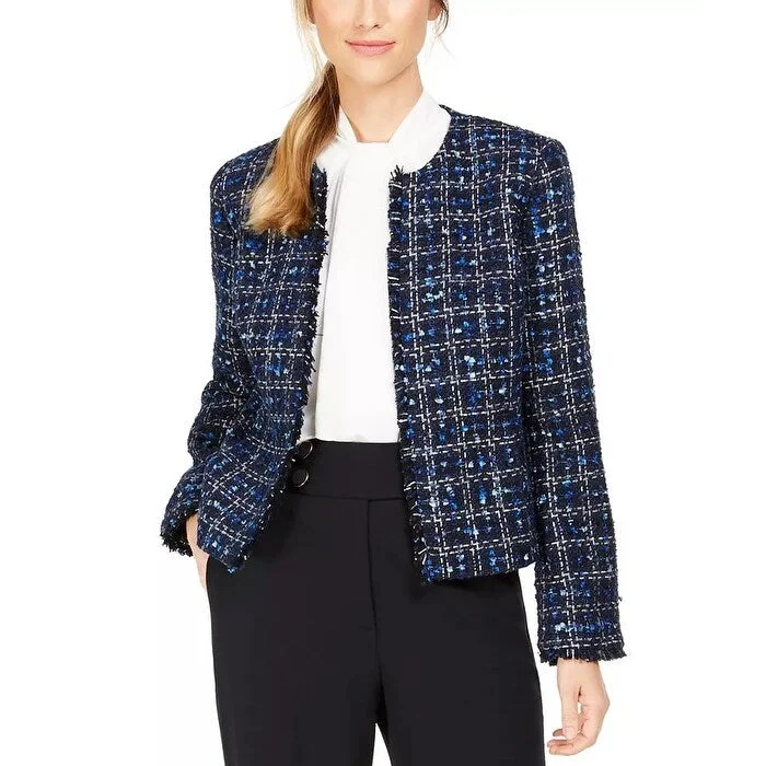 Calvin Klein Women's Petite Tweed Open-Front Jacket Blue Size 6