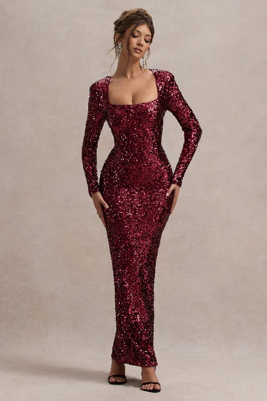 My Dream | Port Sequin Square-Neck Long-Sleeve Maxi Dress