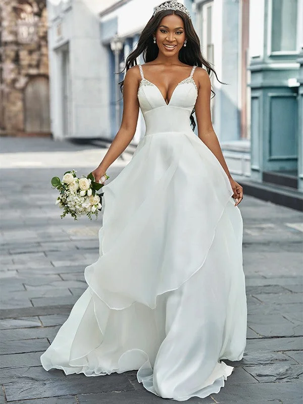 A-Line/Princess V-neck Organza Sleeveless Beading Sweep/Brush Train Wedding Dresses